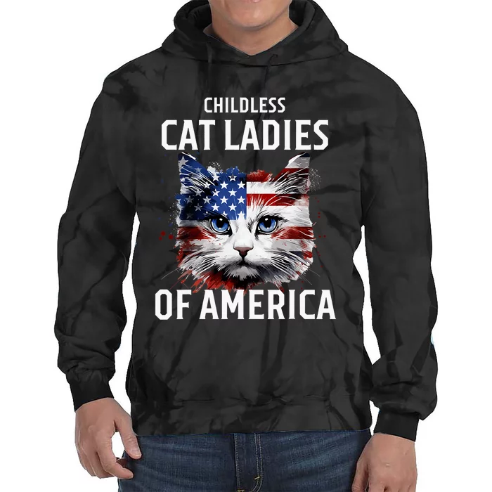 Childless Cat Lady Of America Kamala Harris 2024 Us Flag Tie Dye Hoodie