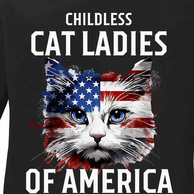 Childless Cat Lady Of America Kamala Harris 2024 Us Flag Ladies Long Sleeve Shirt