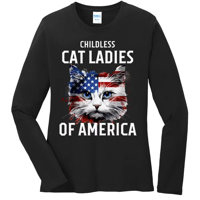 Childless Cat Lady Of America Kamala Harris 2024 Us Flag Ladies Long Sleeve Shirt