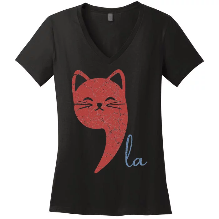 Cat Comma La Funny Kamala Harris For President 2024 Women's V-Neck T-Shirt