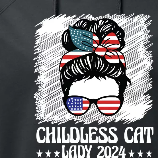 Childless Cat Lady 2024 Groovy Messy Bun American Flag Performance Fleece Hoodie