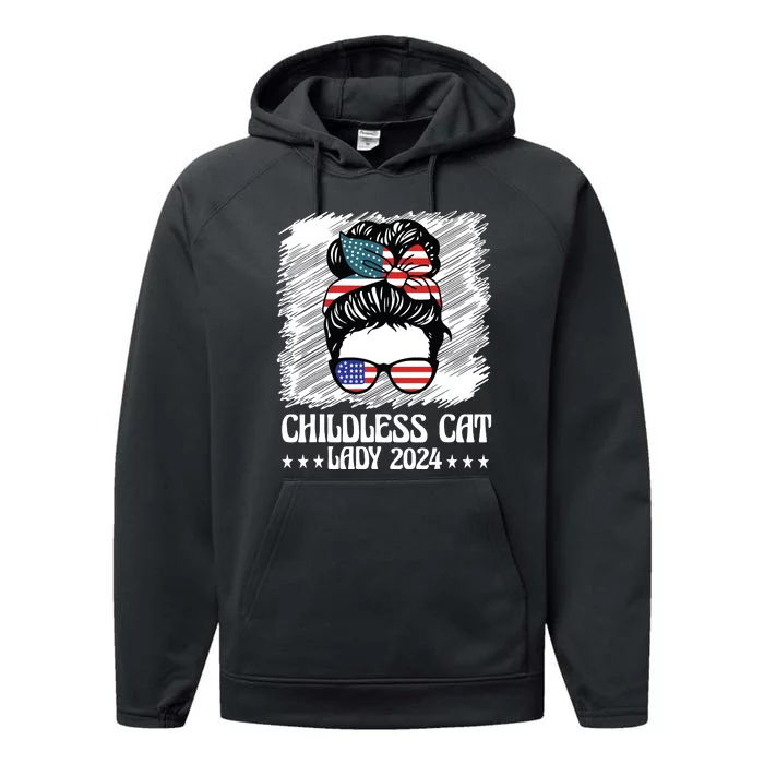 Childless Cat Lady 2024 Groovy Messy Bun American Flag Performance Fleece Hoodie