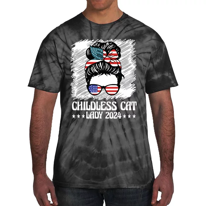 Childless Cat Lady 2024 Groovy Messy Bun American Flag Tie-Dye T-Shirt