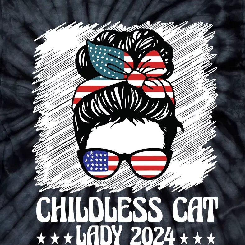 Childless Cat Lady 2024 Groovy Messy Bun American Flag Tie-Dye T-Shirt