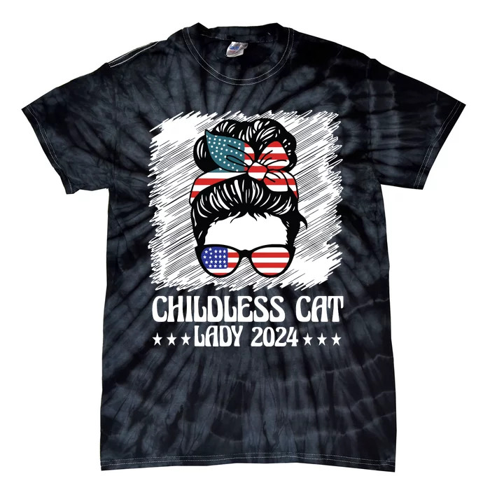 Childless Cat Lady 2024 Groovy Messy Bun American Flag Tie-Dye T-Shirt