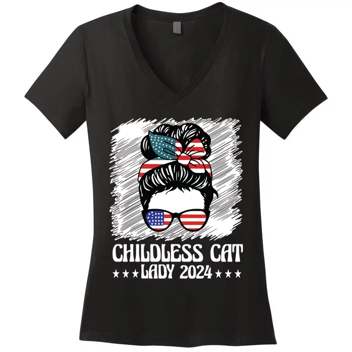 Childless Cat Lady 2024 Groovy Messy Bun American Flag Women's V-Neck T-Shirt