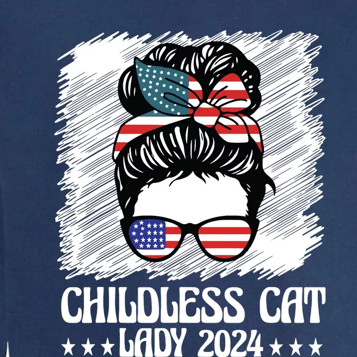 Childless Cat Lady 2024 Groovy Messy Bun American Flag Garment-Dyed Sweatshirt