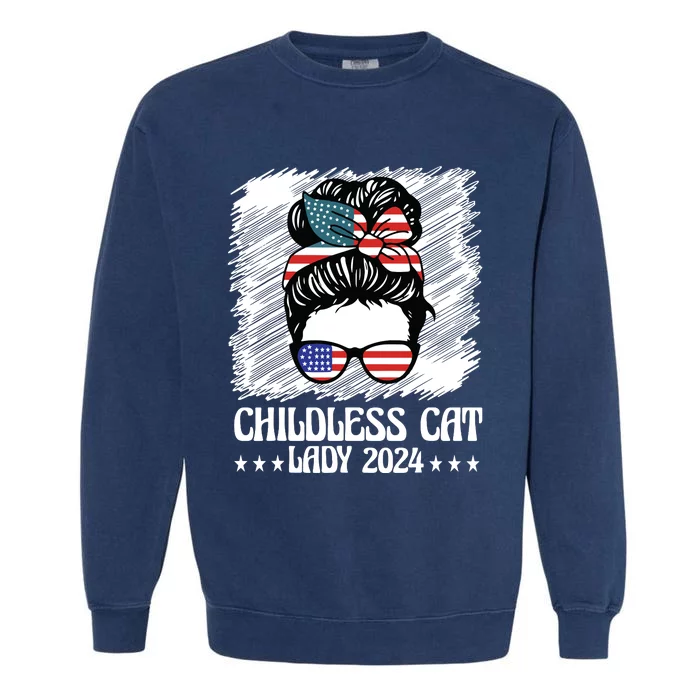 Childless Cat Lady 2024 Groovy Messy Bun American Flag Garment-Dyed Sweatshirt