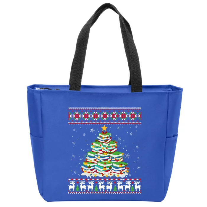 Cute Christmas Library Tree Gift Librarian And Book Ugly Gift Zip Tote Bag