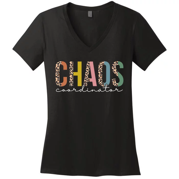 Chaos Coordinator Leopard Teacher Crew Retro School Women's V-Neck T-Shirt