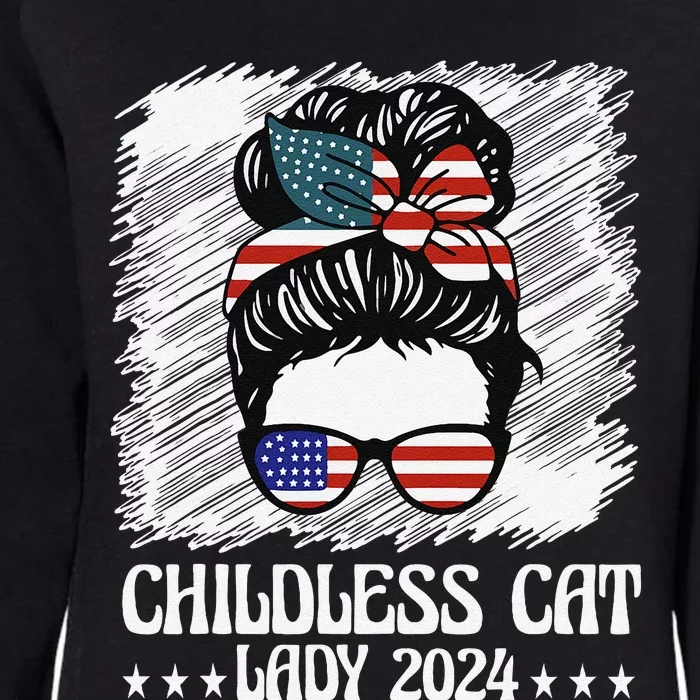 Childless Cat Lady 2024 Groovy Messy Bun American Flag Womens California Wash Sweatshirt