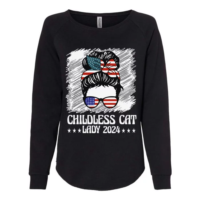 Childless Cat Lady 2024 Groovy Messy Bun American Flag Womens California Wash Sweatshirt