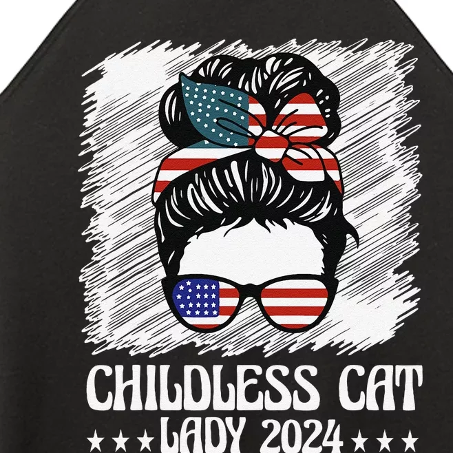 Childless Cat Lady 2024 Groovy Messy Bun American Flag Women’s Perfect Tri Rocker Tank