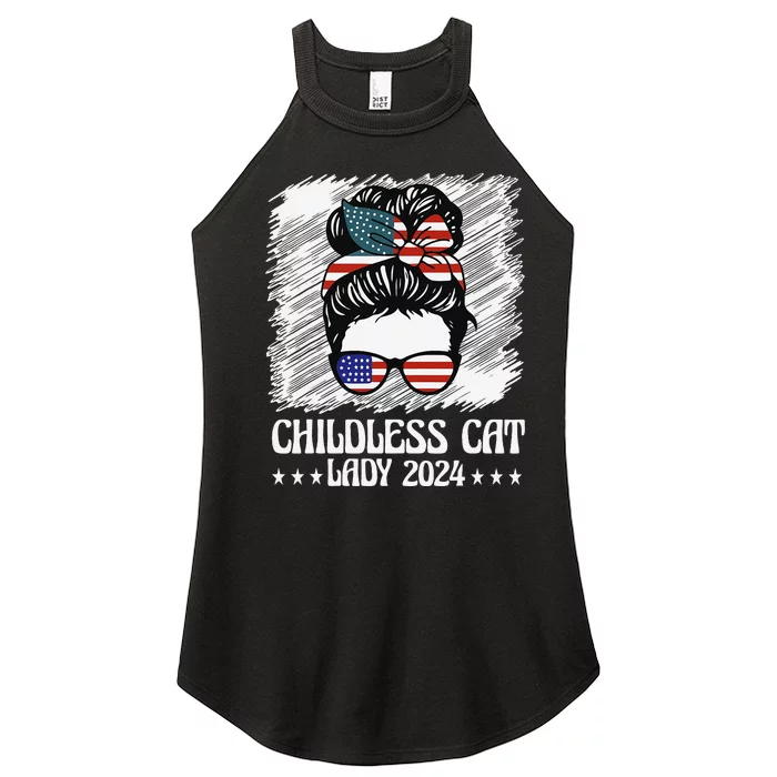 Childless Cat Lady 2024 Groovy Messy Bun American Flag Women’s Perfect Tri Rocker Tank