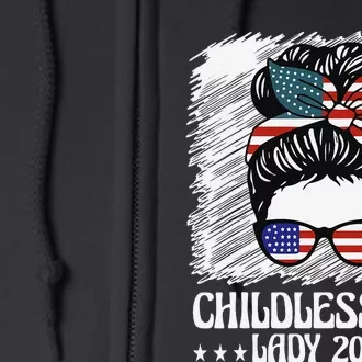 Childless Cat Lady 2024 Groovy Messy Bun American Flag Full Zip Hoodie