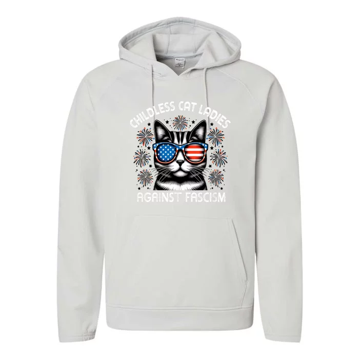 Childless Cat Ladies Against Fascism  Vote For Kamala Performance Fleece Hoodie