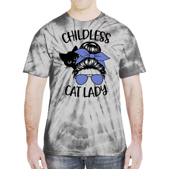 Childless Cat Lady Messy Bun Cat Mom Tie-Dye T-Shirt