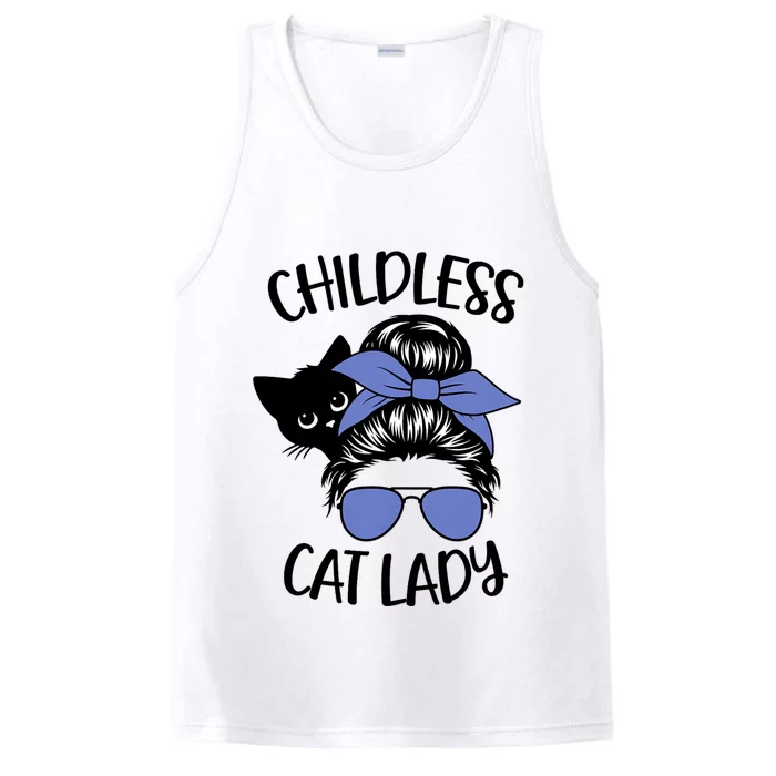 Childless Cat Lady Messy Bun Cat Mom Performance Tank