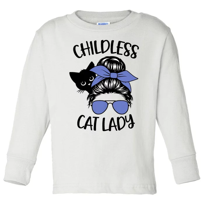 Childless Cat Lady Messy Bun Cat Mom Toddler Long Sleeve Shirt