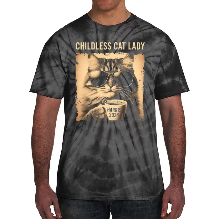 Childless Cat Lady Vintage Coffee Cat Tie-Dye T-Shirt