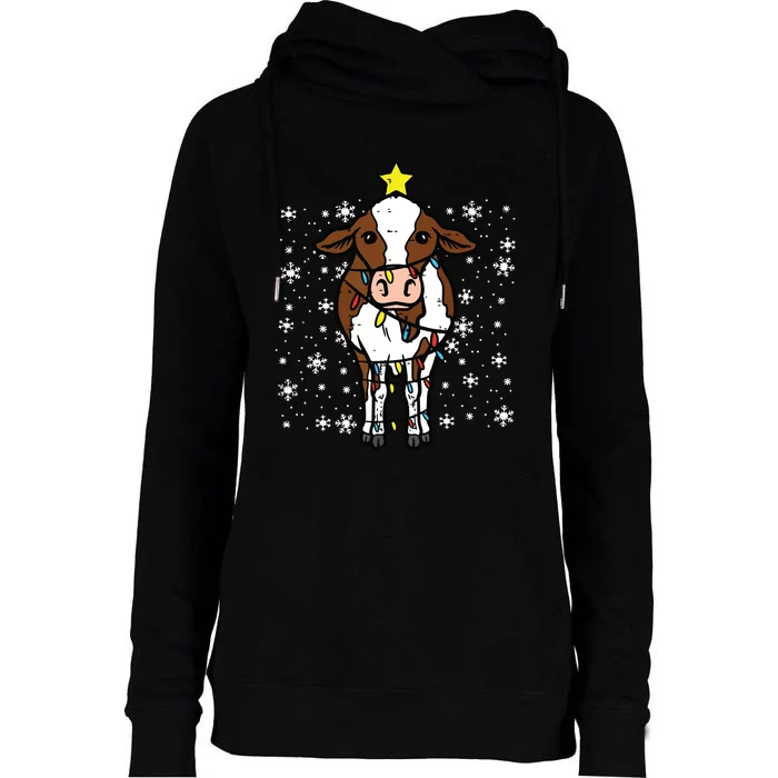 Cow Christmas Lights Funny Xmas Farm Farmer Womens Funnel Neck Pullover Hood