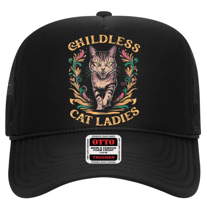 Childless Cat Ladies Feminist Childless Cat Ladies 2024 High Crown Mesh Trucker Hat