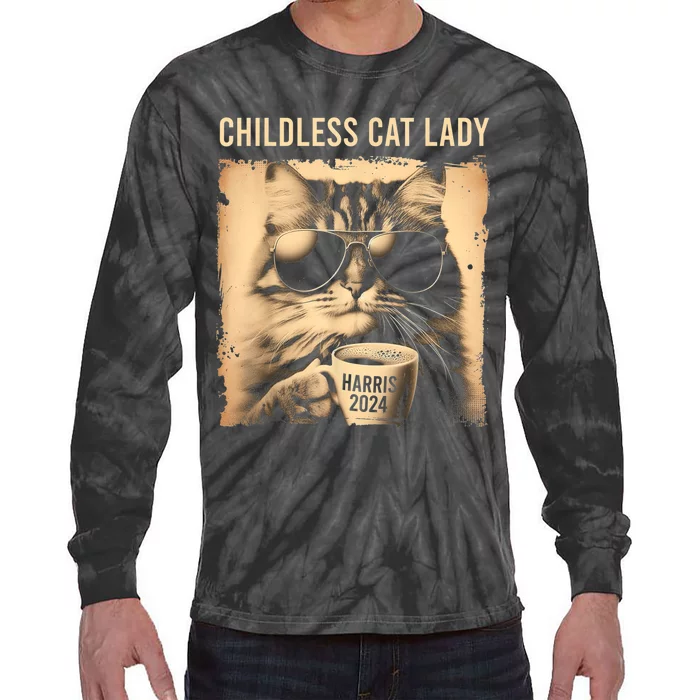 Childless Cat Lady Vintage Coffee Cat Tie-Dye Long Sleeve Shirt