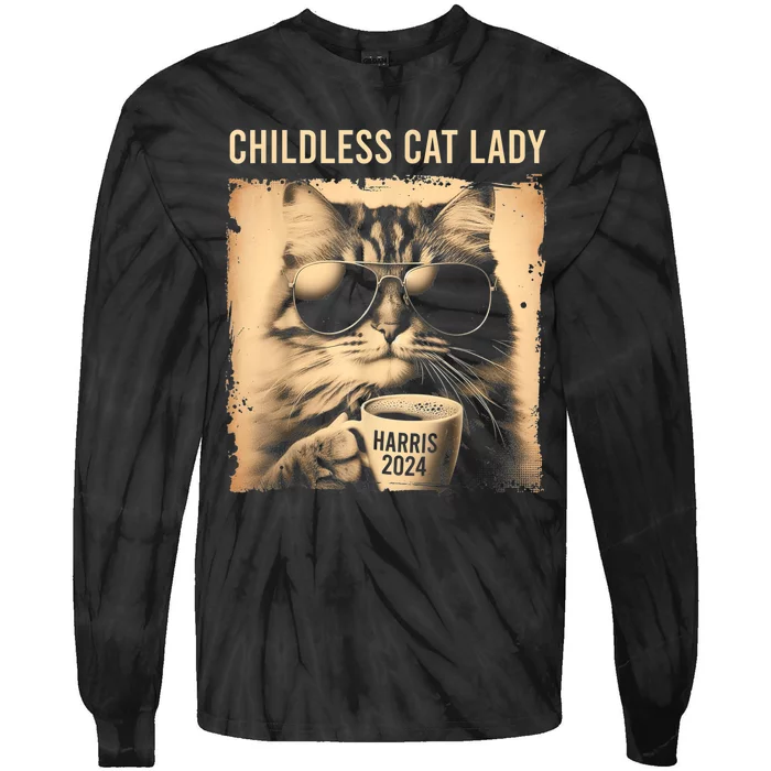 Childless Cat Lady Vintage Coffee Cat Tie-Dye Long Sleeve Shirt