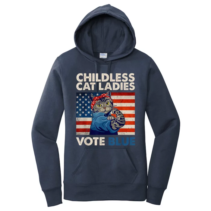 Childless Cat Ladies Vote Blue Vintage Cat Usa Flag Kamala Harris 2024 Women's Pullover Hoodie