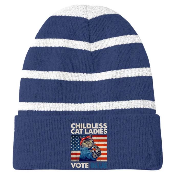 Childless Cat Ladies Vote Blue Vintage Cat Usa Flag Kamala Harris 2024 Striped Beanie with Solid Band