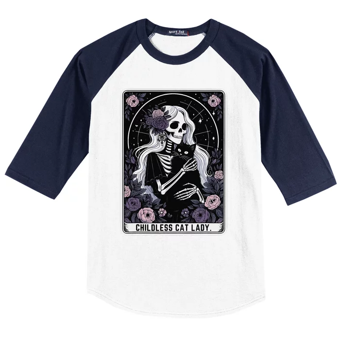 Childless Cat Lady Cute Gothic Skeleton Tarot Card Women Baseball Sleeve Shirt