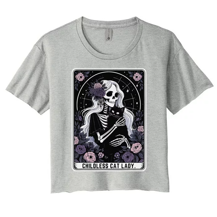 Childless Cat Lady Cute Gothic Skeleton Tarot Card Women Women's Crop Top Tee