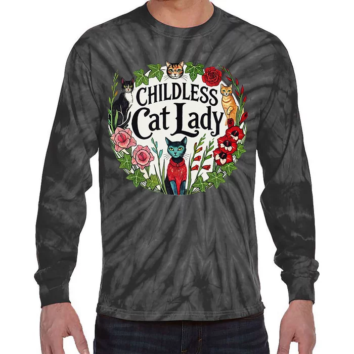 Childless Cat Lady Illustration Tie-Dye Long Sleeve Shirt