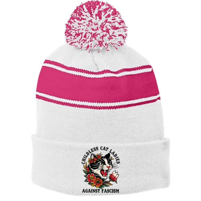 Childless Cat Ladies Against Fascism Feminist Stripe Pom Pom Beanie