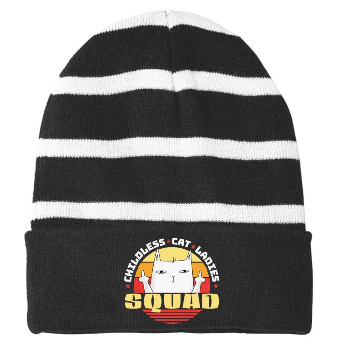 Childless Cat Ladies Squad Club Lady Funny Middle Finger Striped Beanie with Solid Band