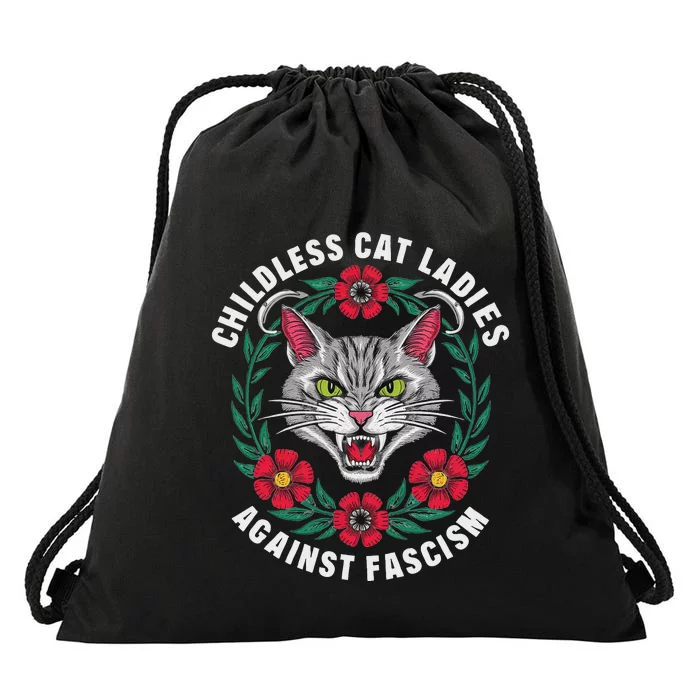 Childless Cat Ladies Against Fascism Flowers Drawstring Bag