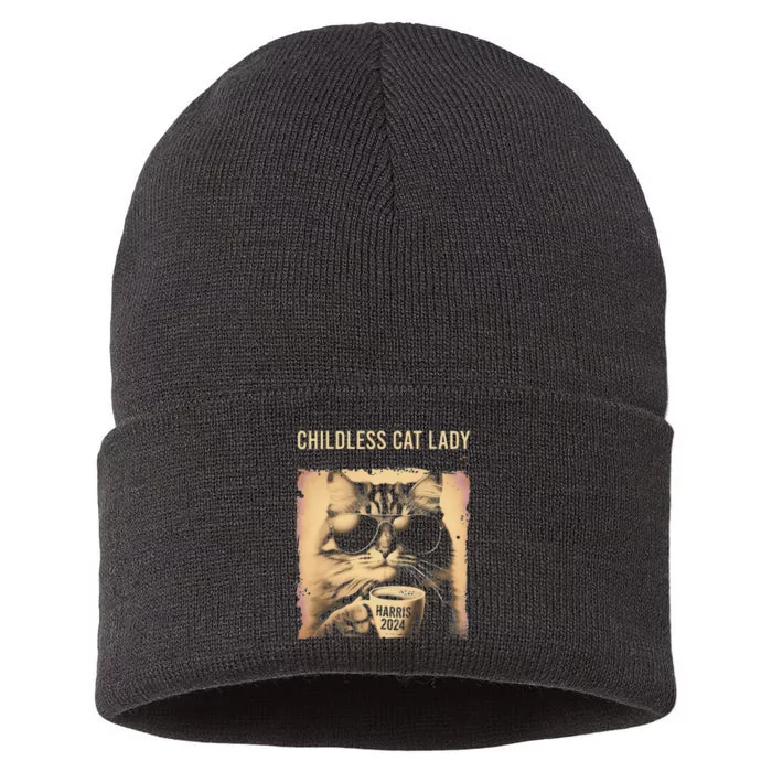 Childless Cat Lady Vintage Coffee Cat Gift Sustainable Knit Beanie