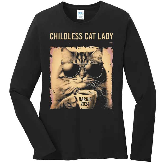 Childless Cat Lady Vintage Coffee Cat Gift Ladies Long Sleeve Shirt