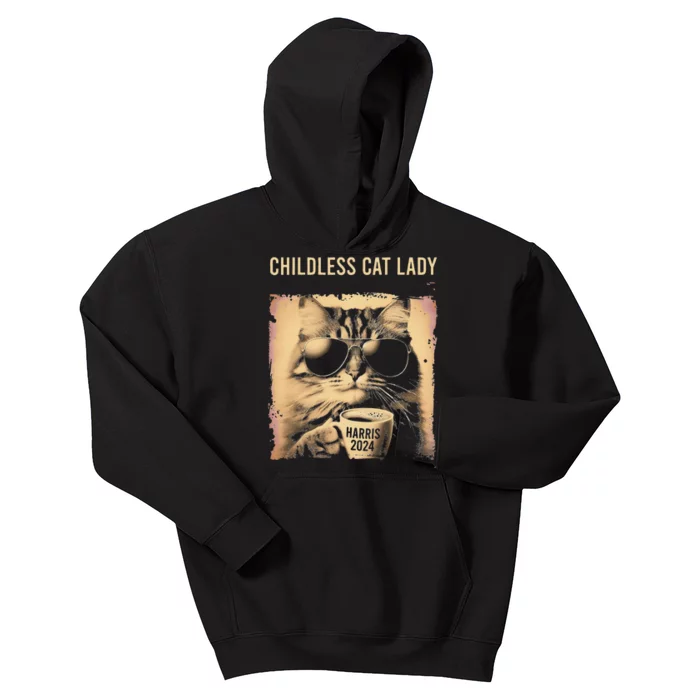 Childless Cat Lady Vintage Coffee Cat Gift Kids Hoodie