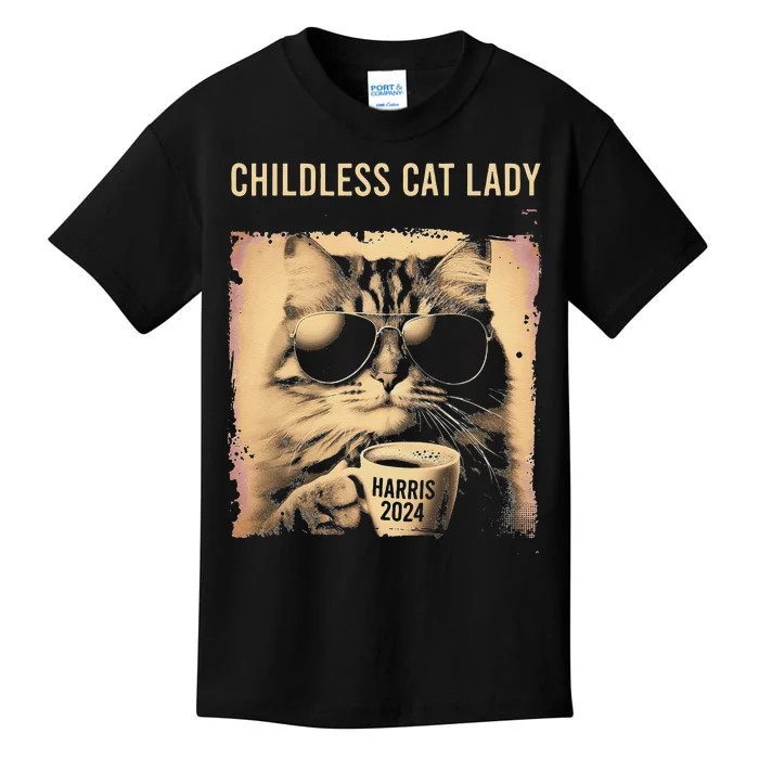 Childless Cat Lady Vintage Coffee Cat Gift Kids T-Shirt