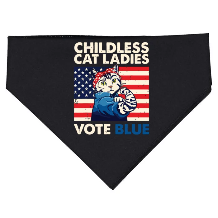 Childless Cat Ladies Vote Blue Vintage Cat Usa Flag USA-Made Doggie Bandana