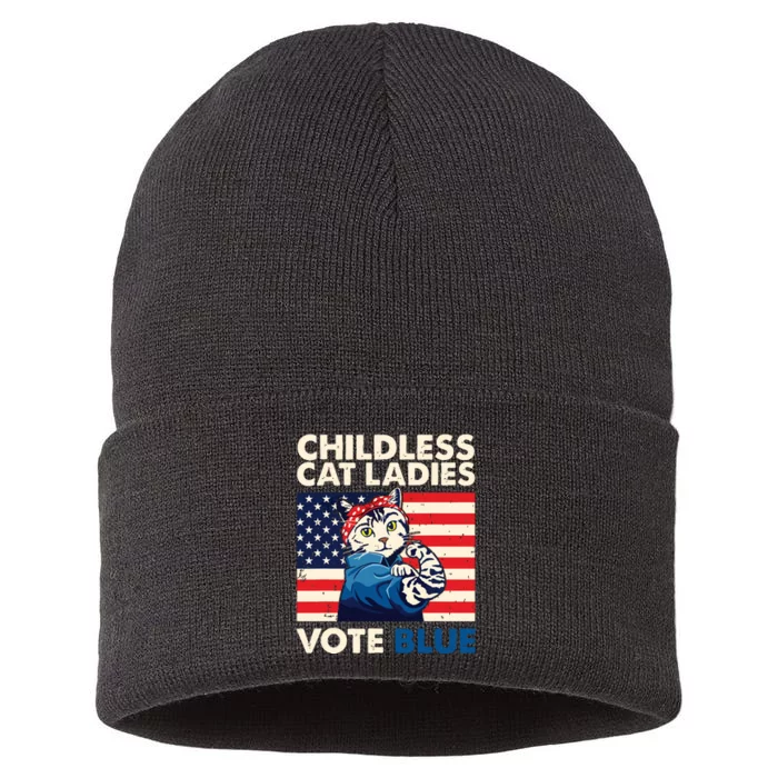 Childless Cat Ladies Vote Blue Vintage Cat Usa Flag Sustainable Knit Beanie