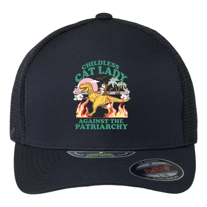 Childless Cat Lady Against The Patriarchy Cat Riding Dino Flexfit Unipanel Trucker Cap