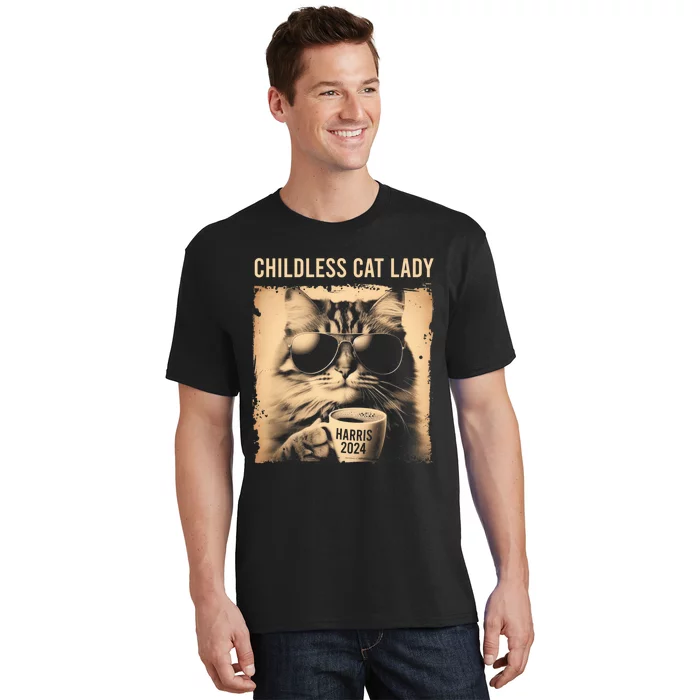 Childless Cat Lady Vintage Coffee Cat Kamala 2024 T-Shirt