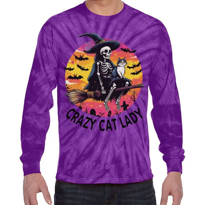 Crazy Cat Lady Funny Witch Halloween Spooky Tie-Dye Long Sleeve Shirt