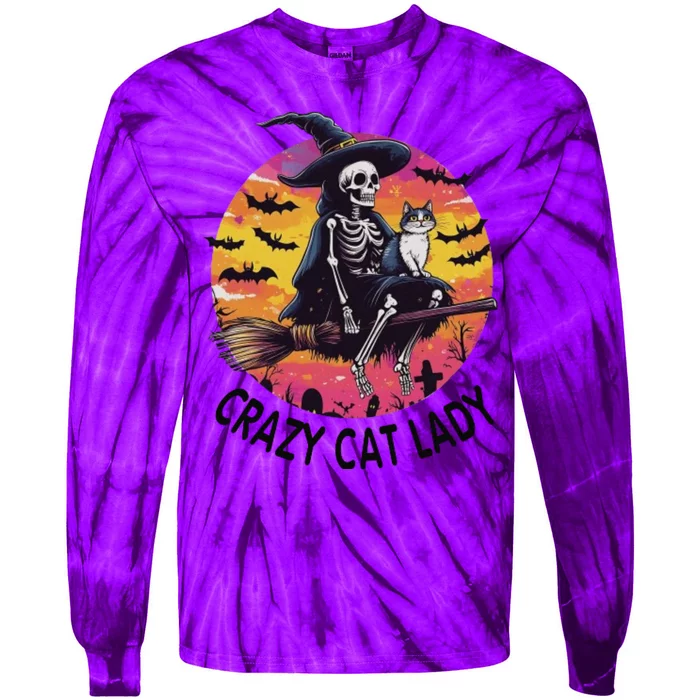 Crazy Cat Lady Funny Witch Halloween Spooky Tie-Dye Long Sleeve Shirt