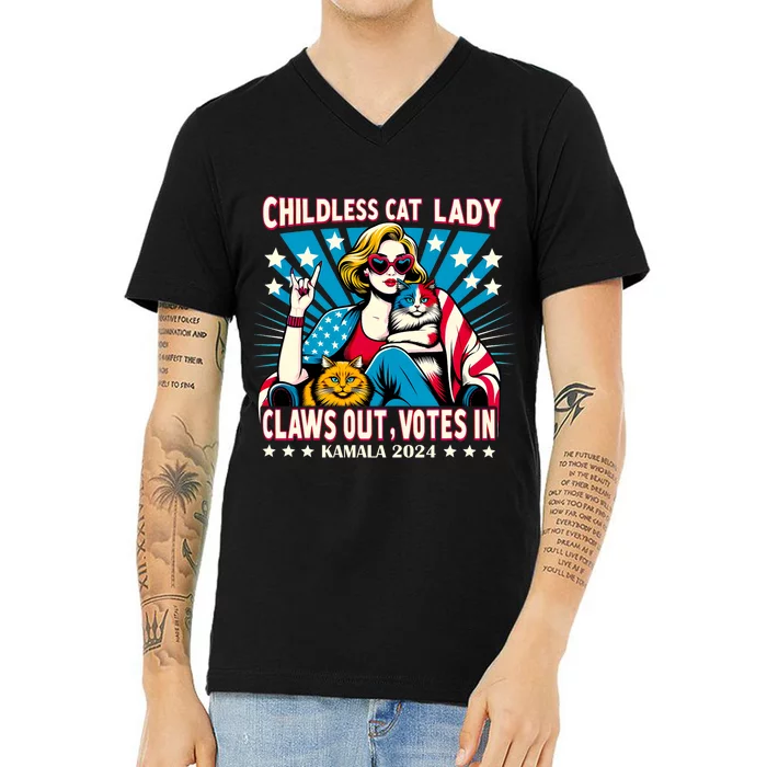 Childless Cat Lady Claws Out Votes In Kamala Harris Graphic V-Neck T-Shirt