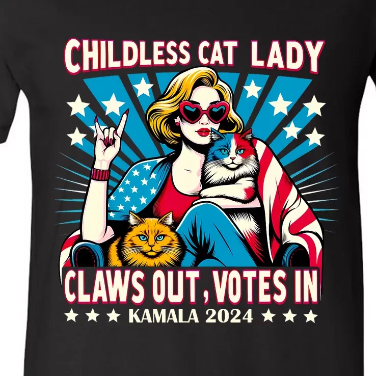 Childless Cat Lady Claws Out Votes In Kamala Harris Graphic V-Neck T-Shirt