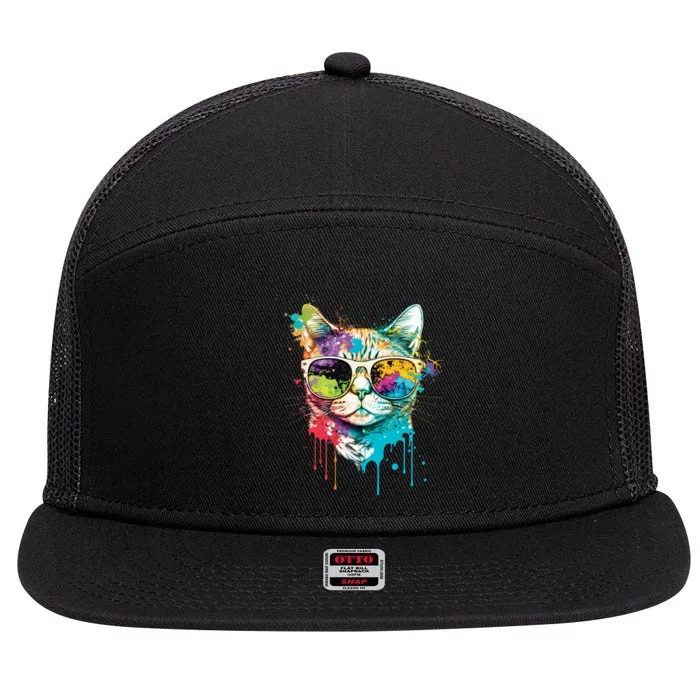 Cute Cat Motif Pop Art Cat 7 Panel Mesh Trucker Snapback Hat