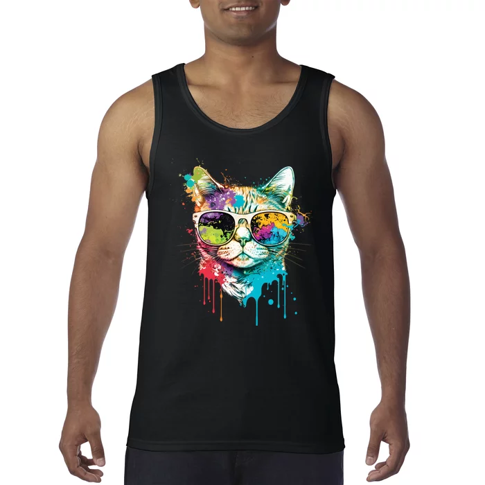 Cute Cat Motif Pop Art Cat Tank Top